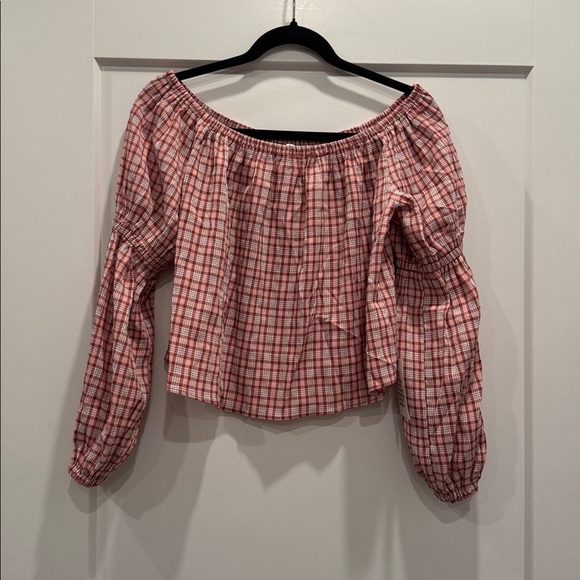 NWT Topshop Womens Off Shoulder Top Sz 4 Seersucker Elastic Wrist-Arm Plaid Pink - Picture 2 of 5